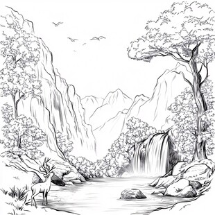 山间溪流旁的鹿与瀑布美景