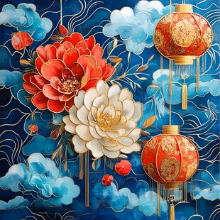 国潮风牡丹祥云灯笼图