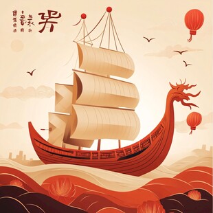 龙首帆船出海 古风祥瑞景