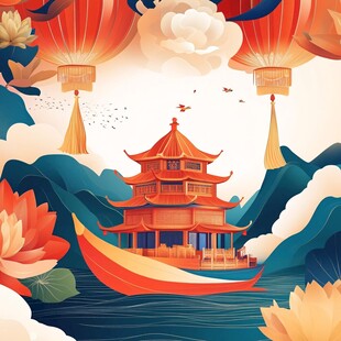 中式古风楼阁湖畔美景