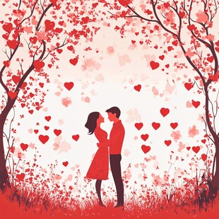 浪漫情侣在爱心花海中相拥