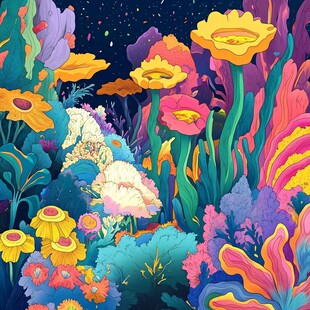 梦幻绚丽的夜间花卉景观