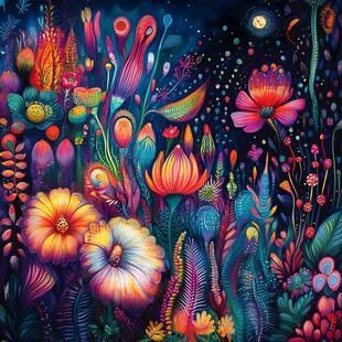梦幻夜下的绚烂花卉世界