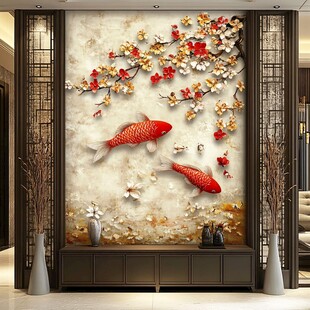 中式玄关锦鲤梅花装饰画