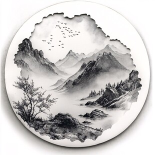 圆形水墨山水意境图