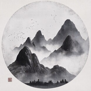 水墨群山飞鸟意境图