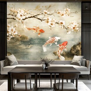 中式客厅锦鲤花卉壁画