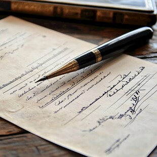 复古钢笔置于手写书信上