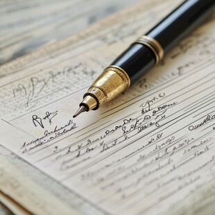 复古钢笔置于手写文稿上