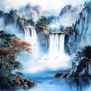 水墨山水间的瀑布胜景