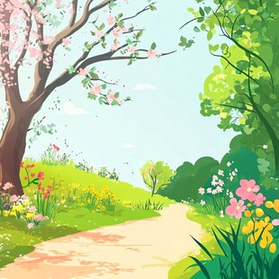春日繁花小径的清新风光
