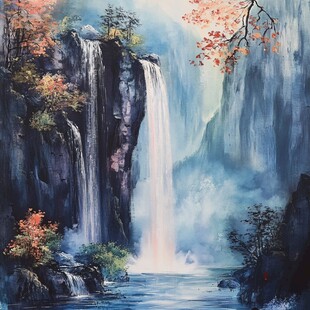 秋韵瀑布山水绝美画卷
