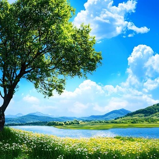 湖畔绿树繁花的明媚风光
