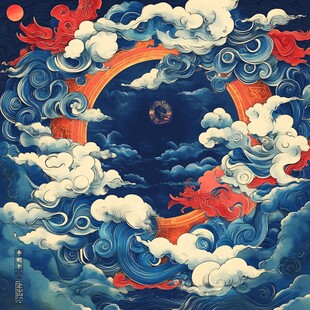 中式奇幻云海蛟龙月夜图