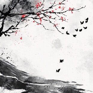 墨韵红梅飞鸟山水图景