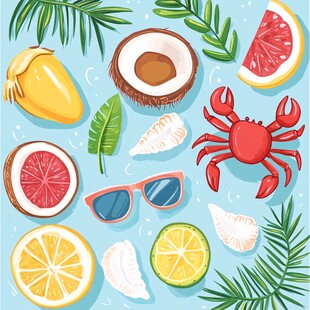 夏日海滨水果与螃蟹插画