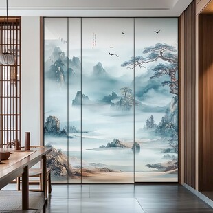 中式山水意境玻璃隔断画