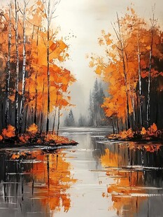 秋日河畔枫林油画美景