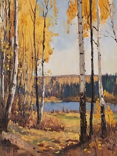 秋日白桦林湖畔美景