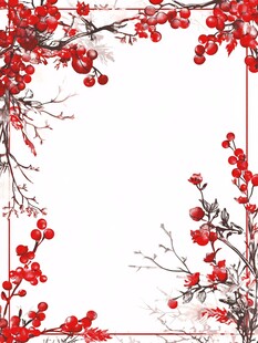 红果花枝中式边框背景图