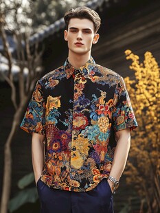 男士身着印花短袖衬衫