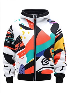 多彩几何图案连帽拉链卫衣