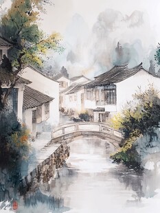 江南水乡水墨风景图