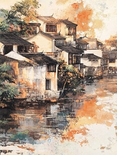 水乡古居水彩画风景