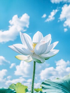 蓝天下的洁白荷花绽放