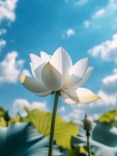 蓝天下的洁白绽放荷花