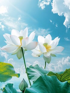 蓝天白云下的圣洁白莲花