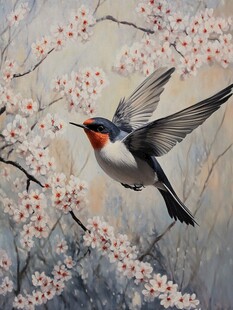 燕子飞舞于繁花枝头间