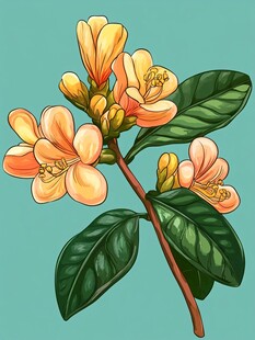 橙黄花朵与绿叶插画