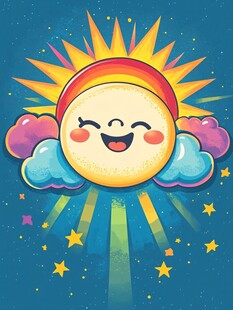快乐太阳与云朵梦幻插画