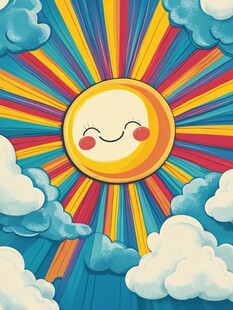 微笑太阳与多彩云朵画面
