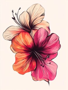 绚丽手绘双朵芙蓉花
