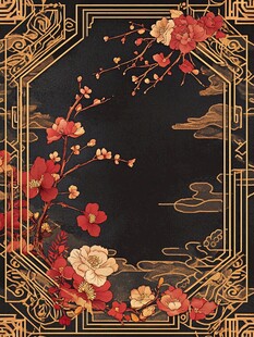 中式黑金花卉边框图案