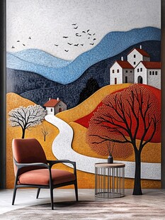 秋日山村壁画旁的温馨一角