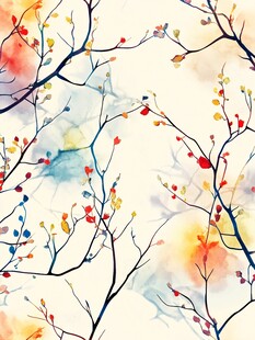 水彩绘树枝花朵梦幻图案