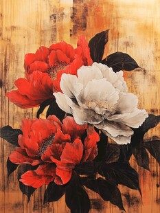 花卉油画 红白牡丹绽放