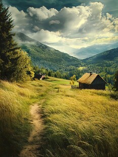 山间草径旁的静谧小木屋