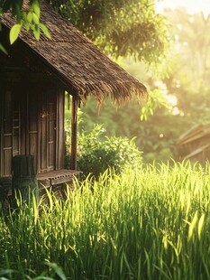 田园草屋 阳光稻田美景