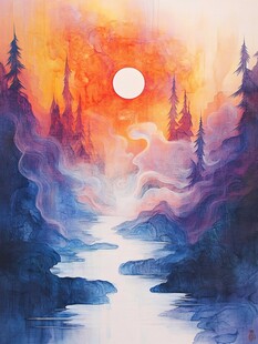 夕阳下的梦幻山林河流