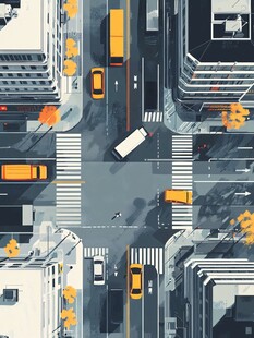 城市路口交通俯瞰插画