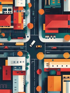 城市街景俯瞰插画风格画面