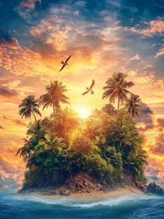 热带海岛夕阳飞鸟美景