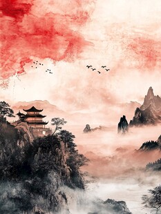 水墨山川古亭飞鸟图