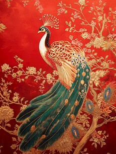 红底金绘孔雀繁花图案