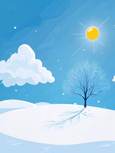 冬日雪景下的孤树与暖阳