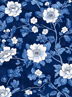 蓝底白花中式花卉图案